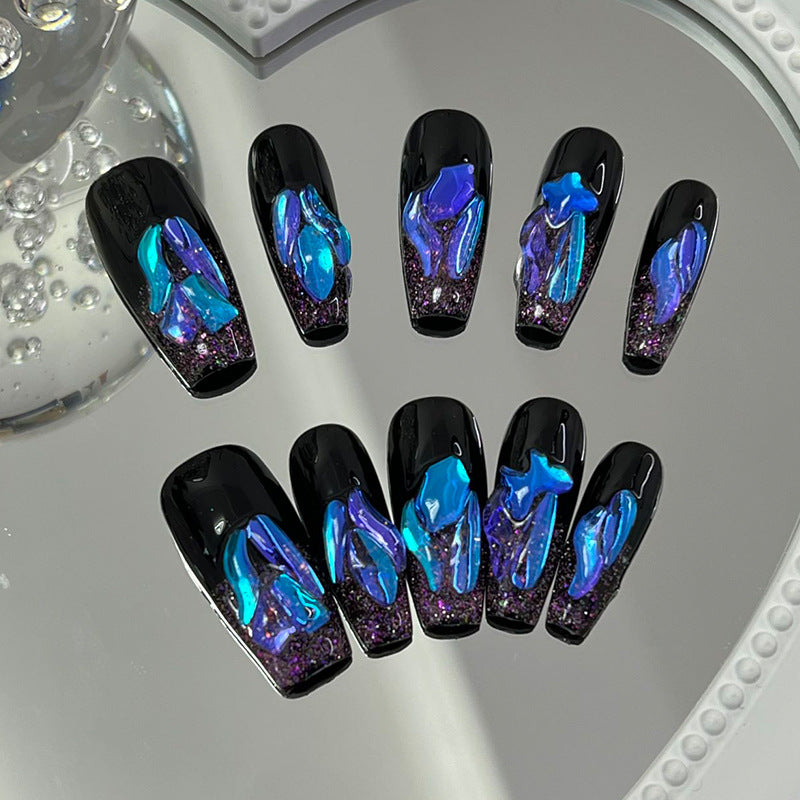 Designer: MeowMeow.Handmade Nail Designs Press on Nails DIY Nail Art for woman girl Long Coffin black