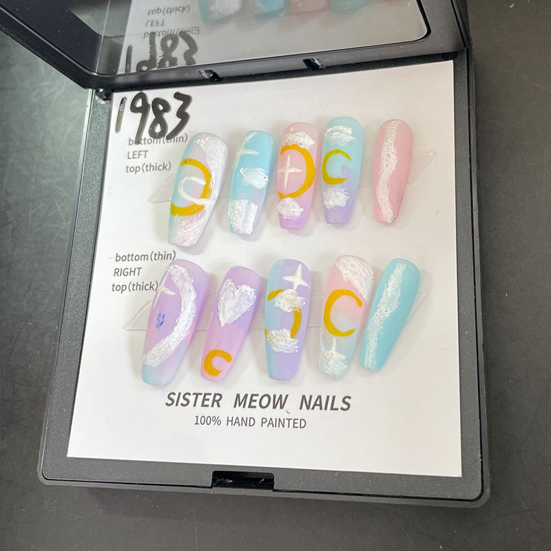 Designer: MeowMeow.Handmade Nail Designs Press on Nails DIY Nail Art for woman girl Long Coffin pink colorful