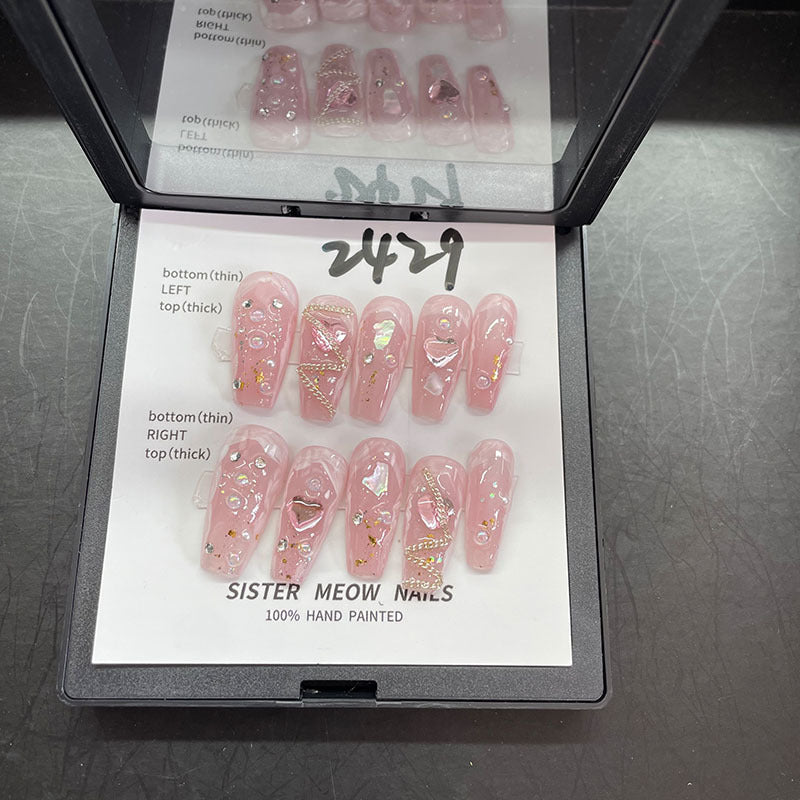 Designer: MeowMeow.Handmade Nail Designs Press on Nails DIY Nail Art for woman girl Long Coffin pink