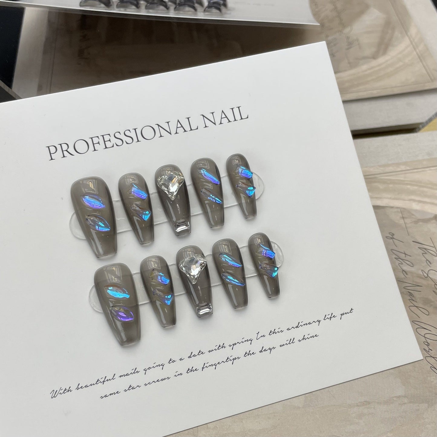 Designer: ManMan Handmade nails Press on Nails DIY Nail Art for woman girl Long Coffin gray