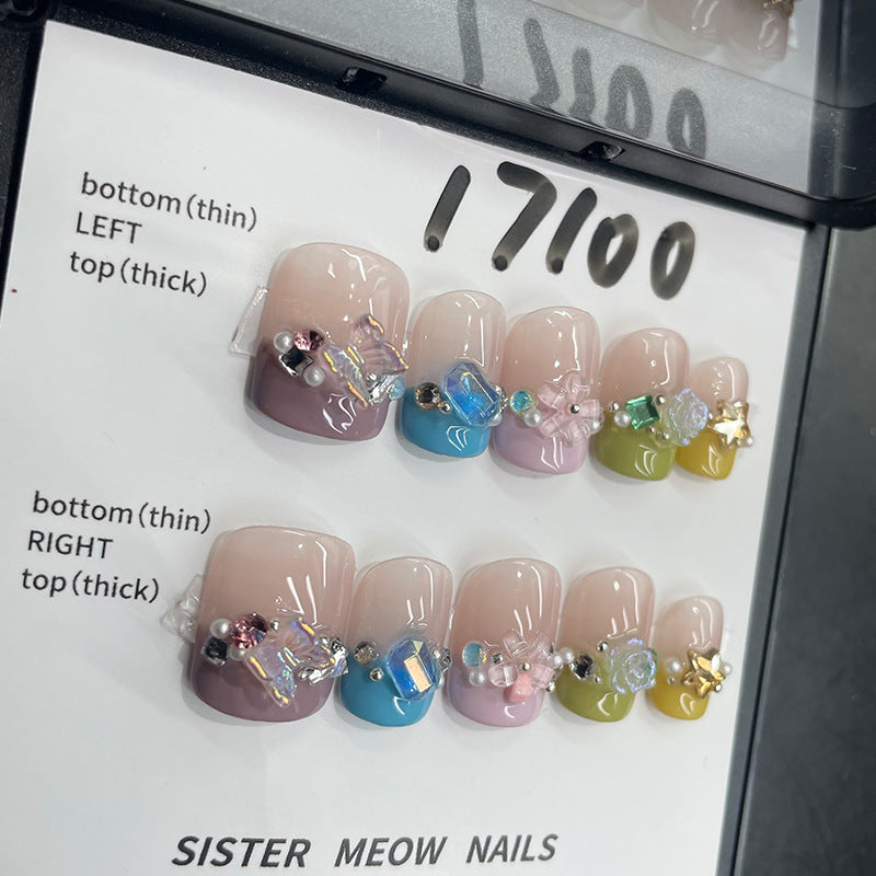 Designer: MeowMeow.Handmade Nail Designs Press on Nails DIY Nail Art for woman girl Short Square pink French colorful