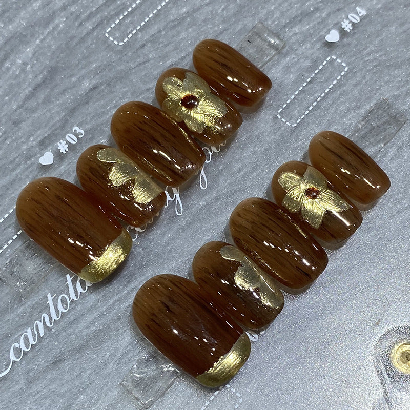 Designer: HuaHua.Handmade nails Press on Nails DIY Nail Art for woman girl Long Square brown gold
