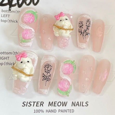 Designer: MeowMeow.Handmade Nail Designs Press on Nails DIY Nail Art for woman girl Long Coffin pink Cartoon