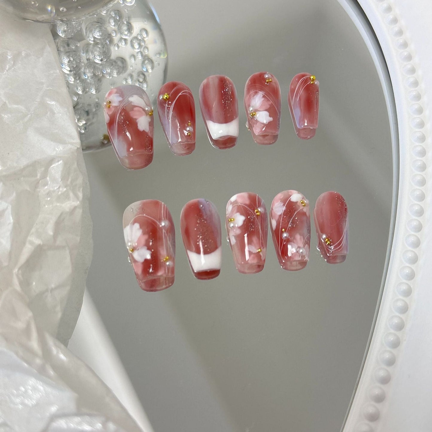 Designer: MaoMao.24178 Handmade Nail Designs Press on Nails DIY Nail Art for woman girl Long Coffin pink