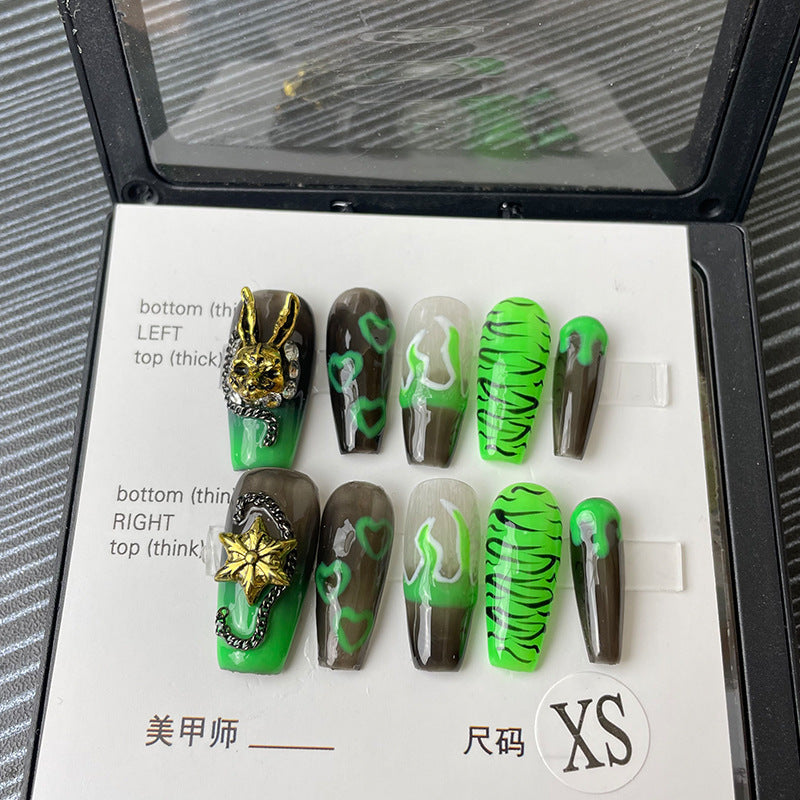 Designer: MeowMeow.Handmade Nail Designs Press on Nails DIY Nail Art for woman girl Long Coffin green