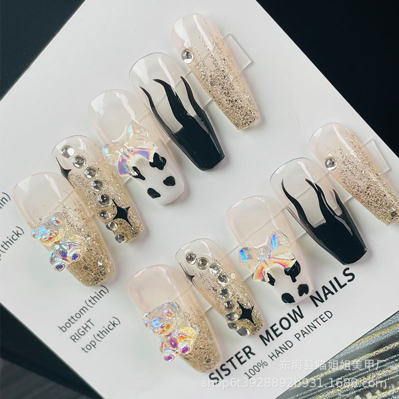 Designer: MeowMeow.Handmade Nail Designs Press on Nails DIY Nail Art for woman girl Long Coffin gold