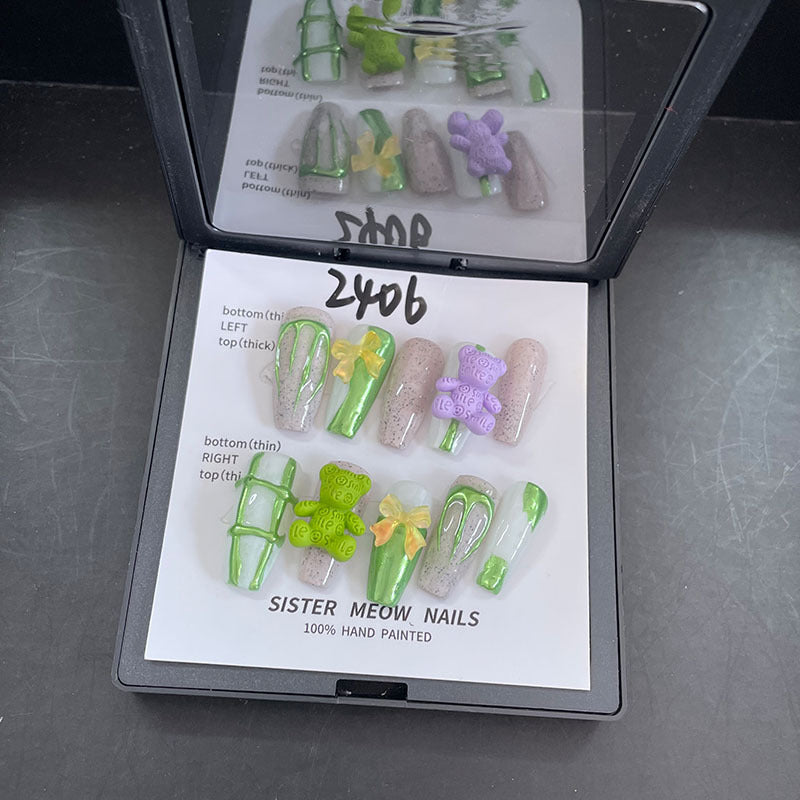 Designer: MeowMeow.Handmade Nail Designs Press on Nails DIY Nail Art for woman girl Long Coffin green Cartoon