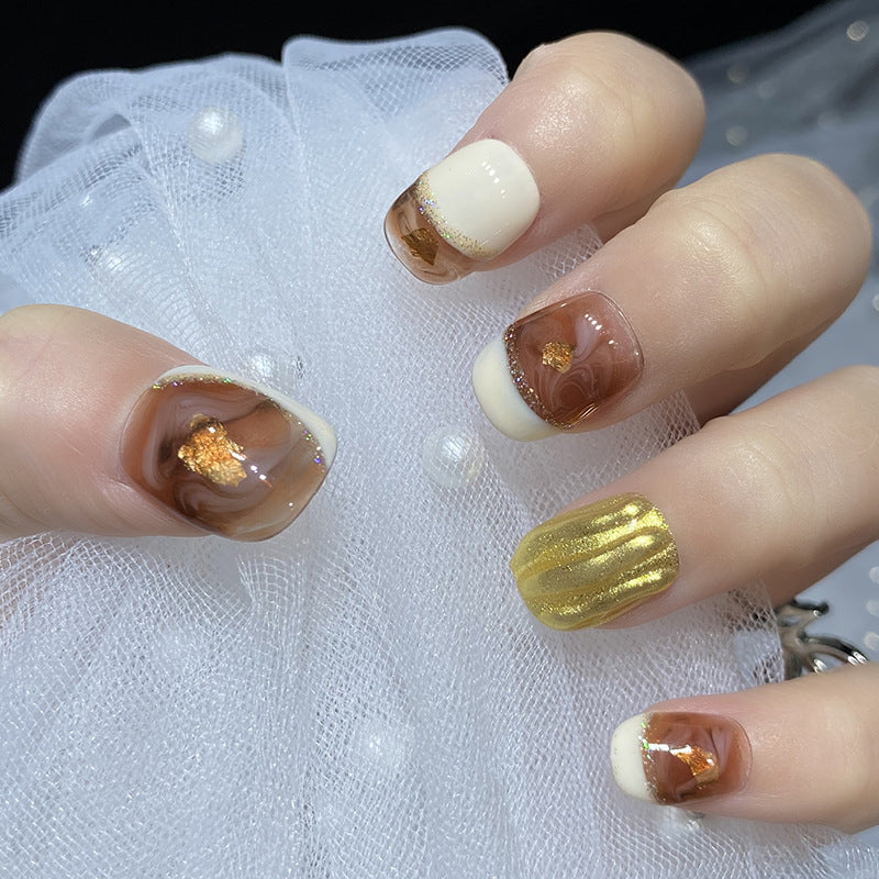Designer: HuaHua.Handmade nails Press on Nails DIY Nail Art for woman girl Short Square brown