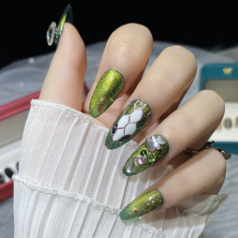 Designer: HuaHua.Handmade nails Press on Nails DIY Nail Art for woman girl Almond Long green