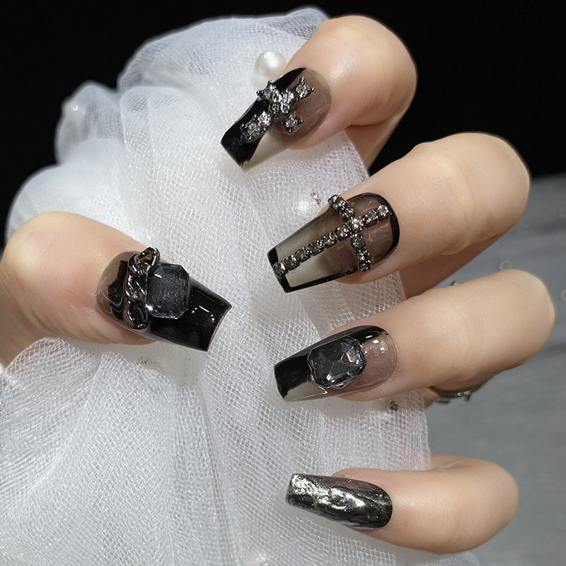 Designer: HuaHua.Handmade nails Press on Nails DIY Nail Art for woman girl Long Coffin black