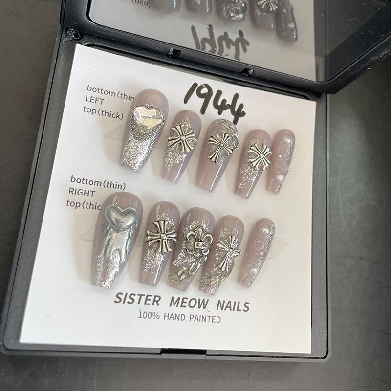 Designer: MeowMeow.Handmade Nail Designs Press on Nails DIY Nail Art for woman girl Long Coffin gray
