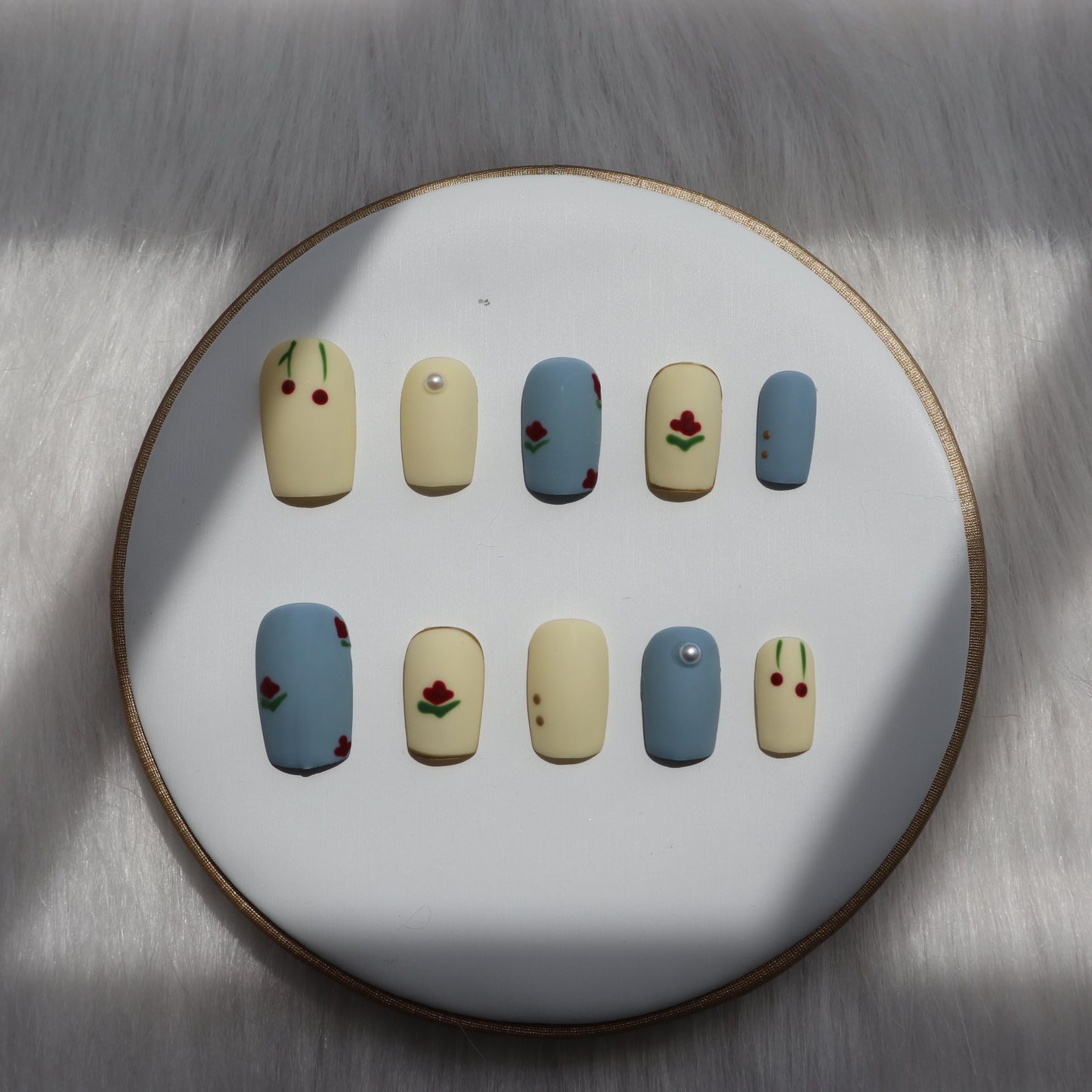 Designer: XinXin 13. Retro matt blue milky white handmade nails Press on Nails DIY Nail Art