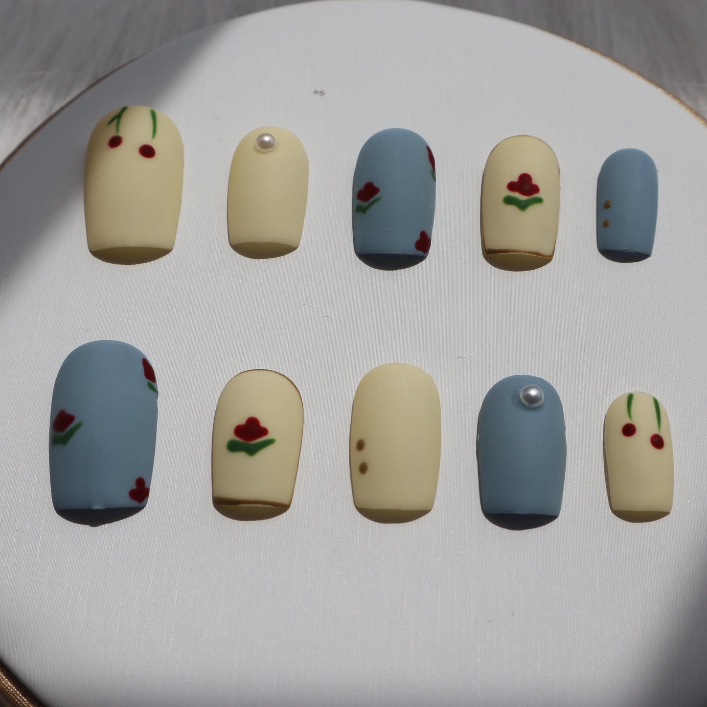 Designer: XinXin 13. Retro matt blue milky white handmade nails Press on Nails DIY Nail Art