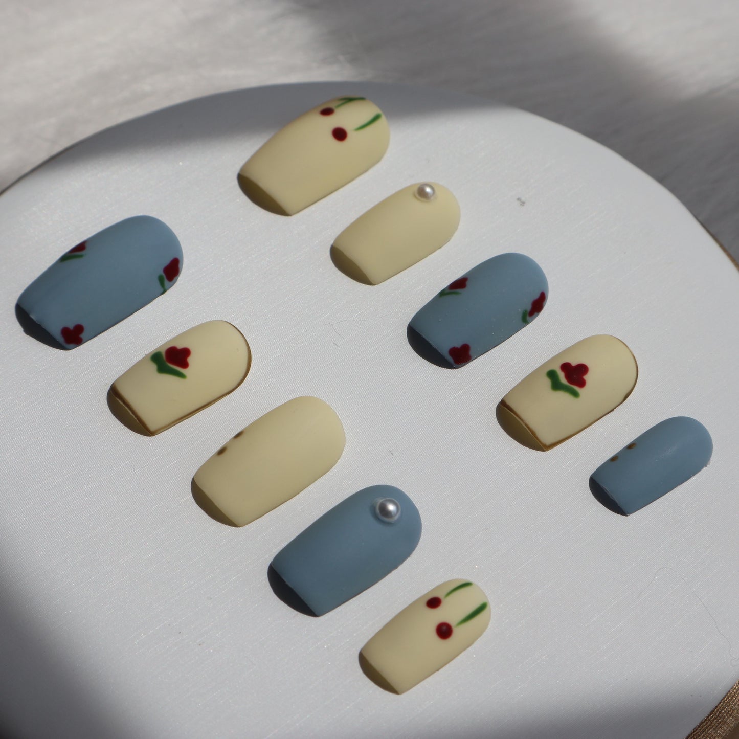 Designer: XinXin 13. Retro matt blue milky white handmade nails Press on Nails DIY Nail Art