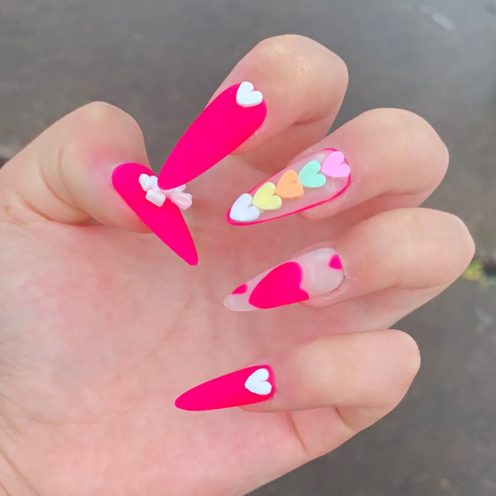 Designer: DuoDuo 1621.Handmade nails Press on Nails DIY Nail Art for woman girl Almond Long pink Cartoon