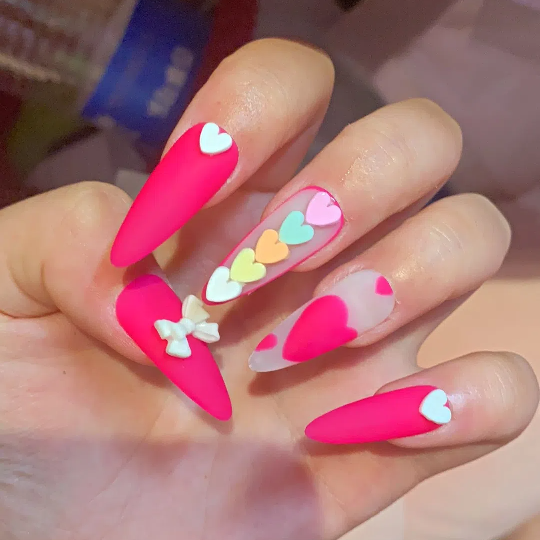 Designer: DuoDuo 1621.Handmade nails Press on Nails DIY Nail Art for woman girl Almond Long pink Cartoon
