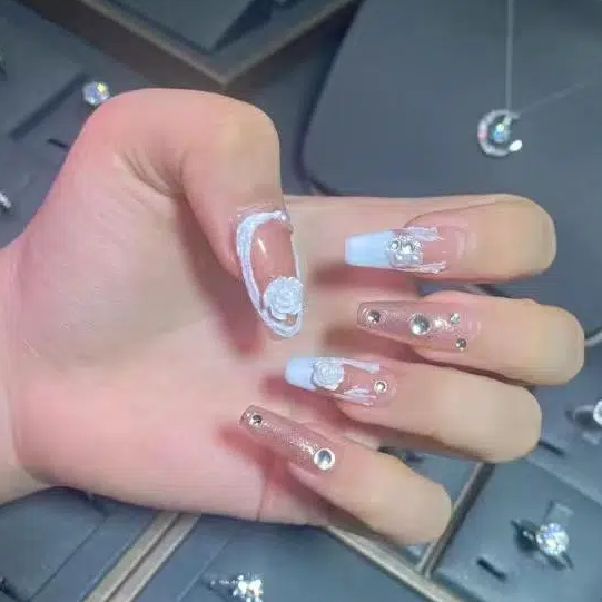 Designer: DuoDuo 1503.Handmade nails Press on Nails DIY Nail Art for woman girl Coffin wedding pink white Long