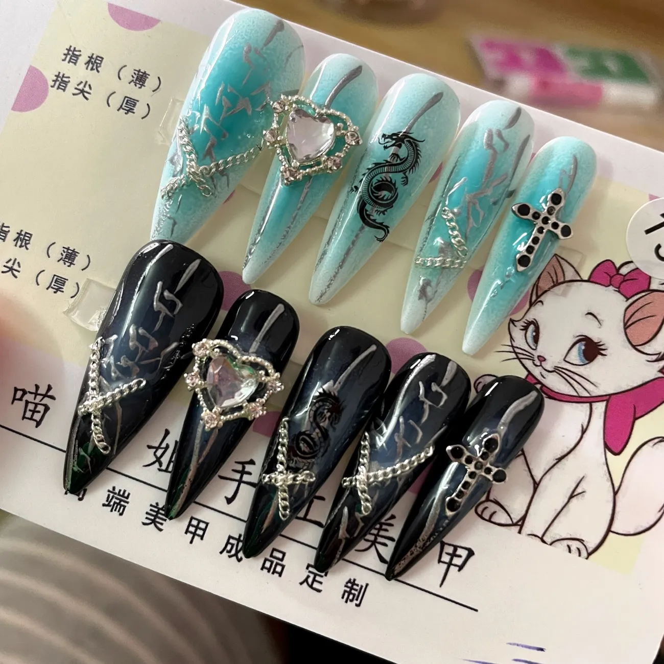 Designer: PinPin 1406.Handmade nails Press on Nails DIY Nail Art for woman girl Long Almond Metal green blue