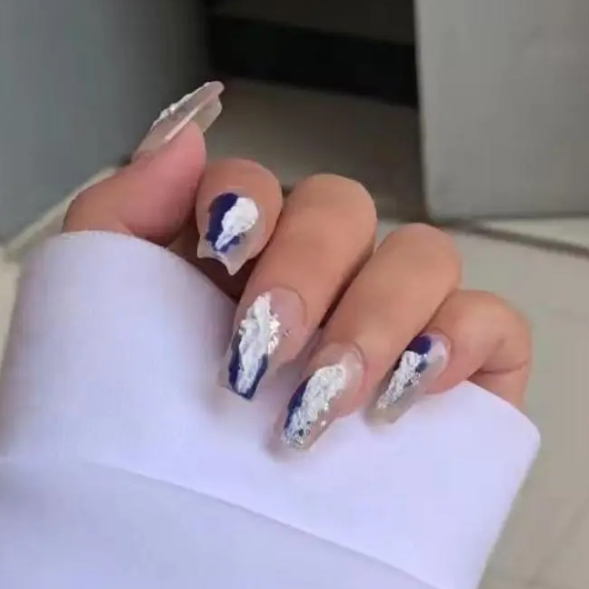 Designer: DuoDuo 1504.Handmade nails Press on Nails DIY Nail Art for woman girl Long Coffin blue white