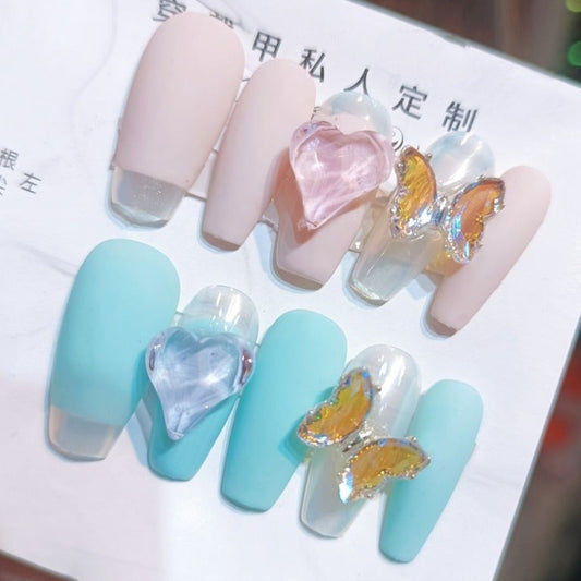Designer: PinPin 3030.Handmade nails Press on Nails DIY Nail Art for woman girl Long Coffin pink blue
