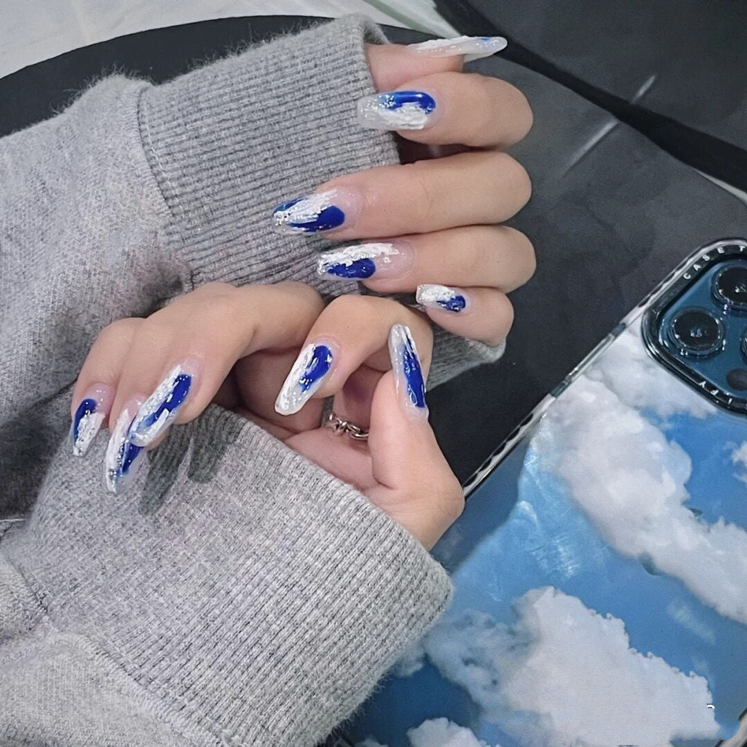 Designer: DuoDuo 1504.Handmade nails Press on Nails DIY Nail Art for woman girl Long Coffin blue white