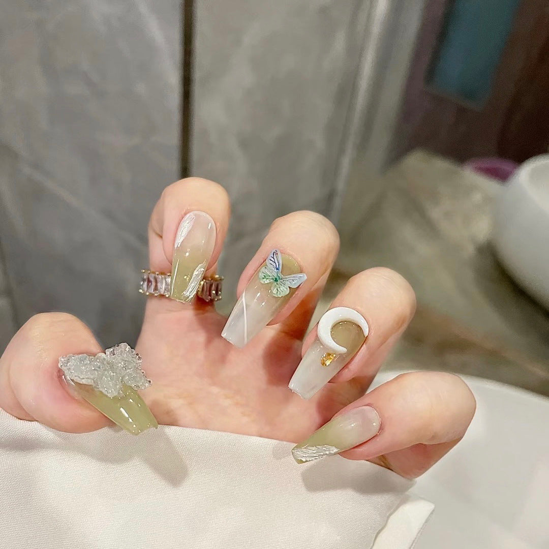 Designer: DuoDuo 2048.Handmade nails Press on Nails DIY Nail Art for woman girl Long Coffin green