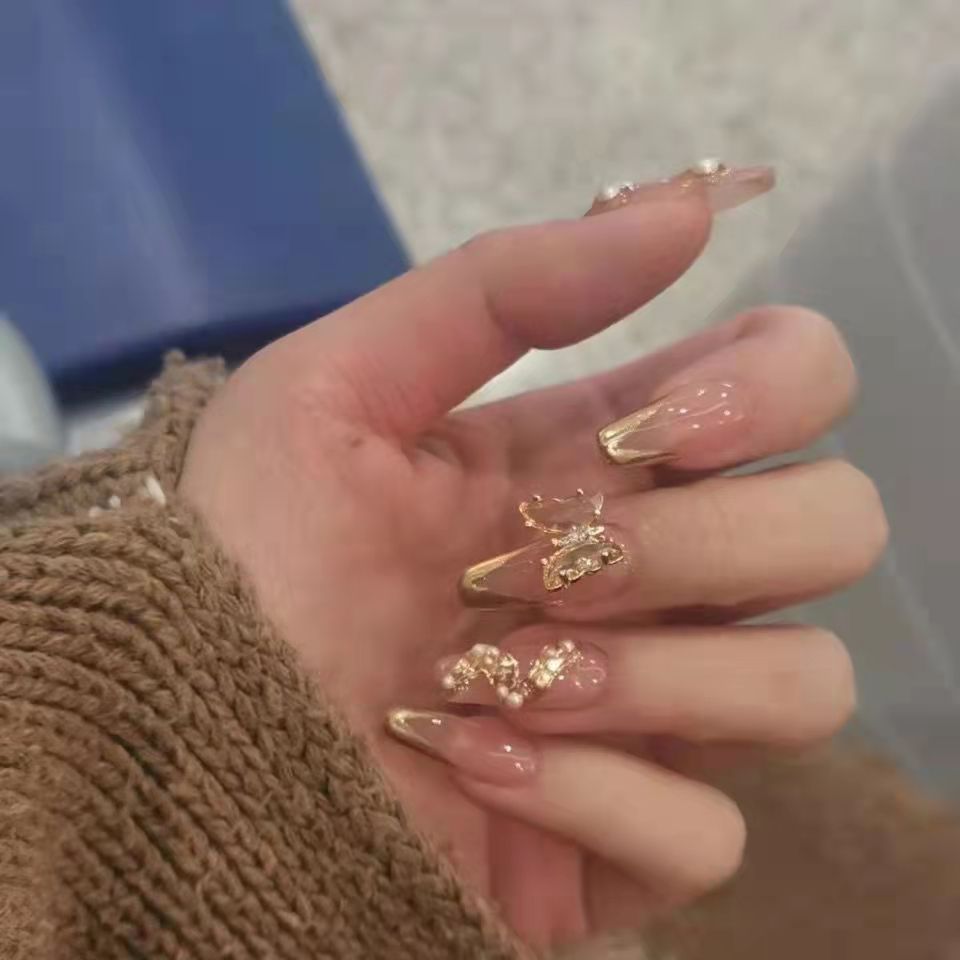 Designer: DuoDuo 1230.Handmade nails Press on Nails DIY Nail Art for woman girl Long Coffin pink French gold