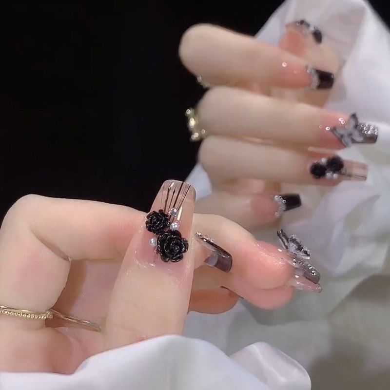 Designer: DuoDuo 1248.Handmade nails Press on Nails DIY Nail Art for woman girl French Long Coffin rhinestone black