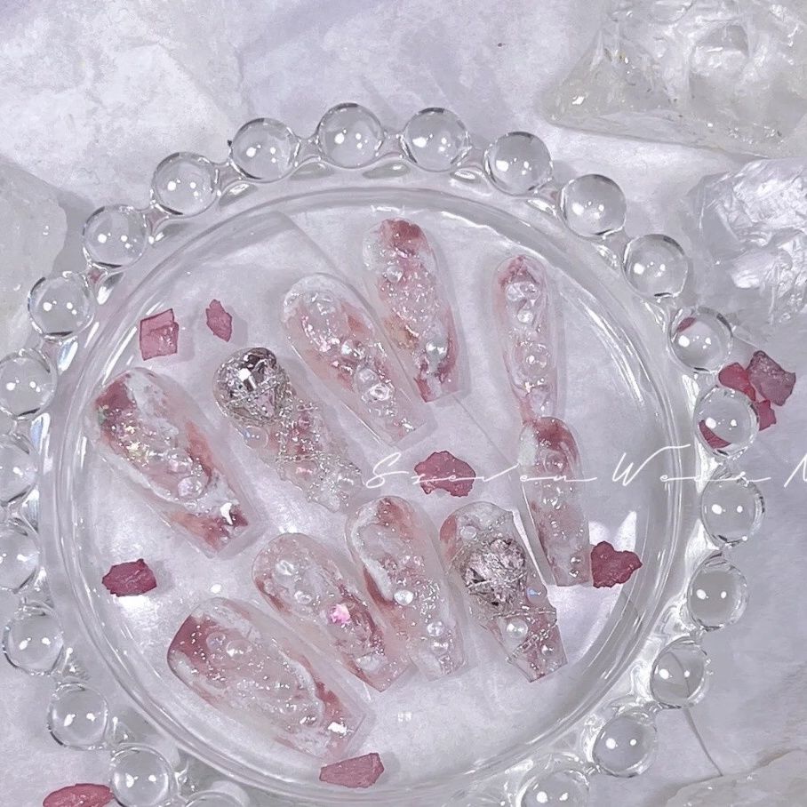 Designer: PinPin 1101.Handmade nails Press on Nails DIY Nail Art for woman girl Long Coffin pink white