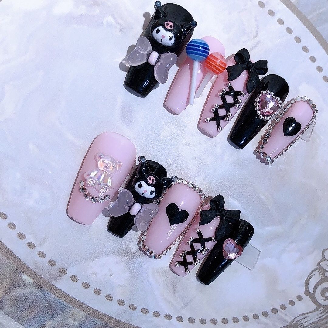 Designer: PinPin 1014.Handmade nails Press on Nails DIY Nail Art for woman girl Long Coffin pink black Cartoon
