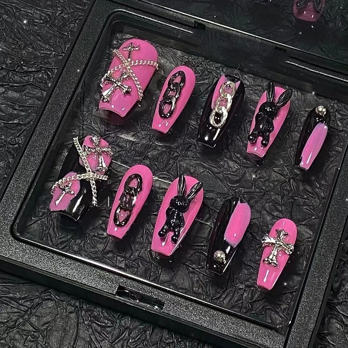 Designer: PinPin 1422.Handmade nails Press on Nails DIY Nail Art for woman girl Long Coffin pink Metal