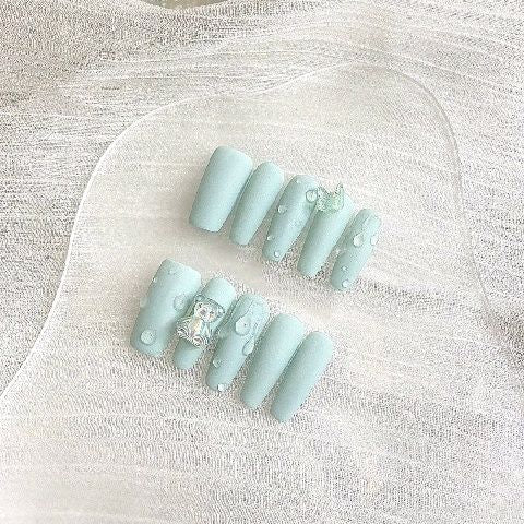 Designer: PinPin 3014.Handmade nails Press on Nails DIY Nail Art for woman girl Long Coffin blue green