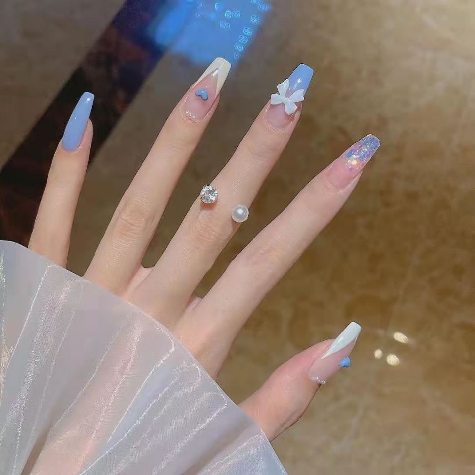 Designer: DuoDuo 1234.Handmade nails Press on Nails DIY Nail Art for woman girl French Long Coffin pink blue
