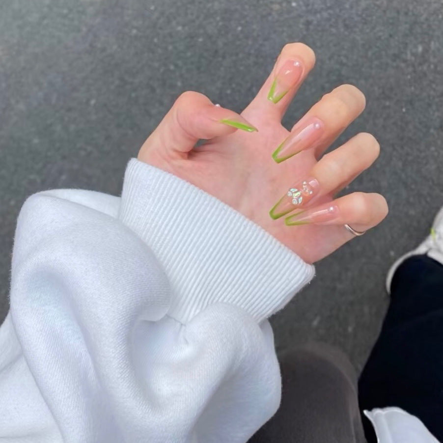 Designer: DuoDuo 2061.Handmade nails Press on Nails DIY Nail Art for woman girl French Long Coffin green