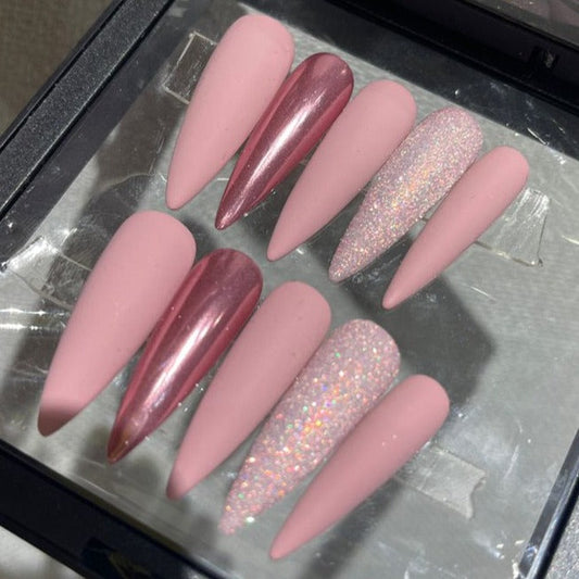 Designer: PinPin 5001.Handmade nails Press on Nails DIY Nail Art for woman girl Long Almond pink