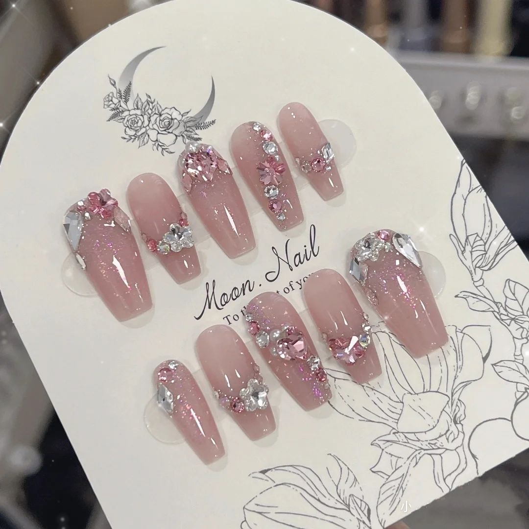 Designer: PinPin 1247.Handmade nails Press on Nails DIY Nail Art for woman girl Long Coffin rhinestone pink