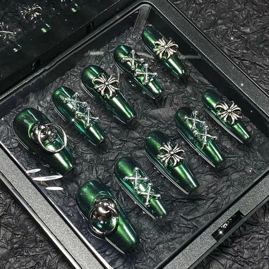 Designer: PinPin 1423.Handmade nails Press on Nails DIY Nail Art for woman girl green Coffin Long Metal