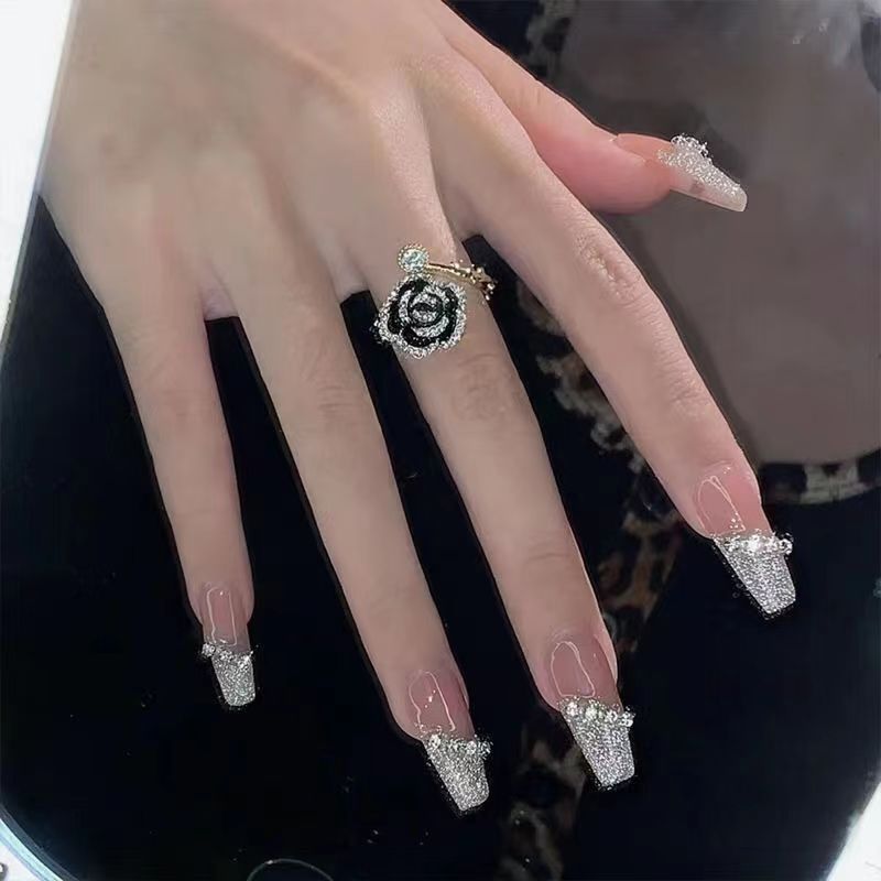 Designer: DuoDuo 1259.Handmade nails Press on Nails DIY Nail Art for woman girl French Long Coffin rhinestone pink