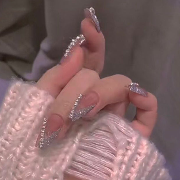 Designer: DuoDuo 3025.Handmade nails Press on Nails DIY Nail Art for woman girl Long Coffin pink rhinestone