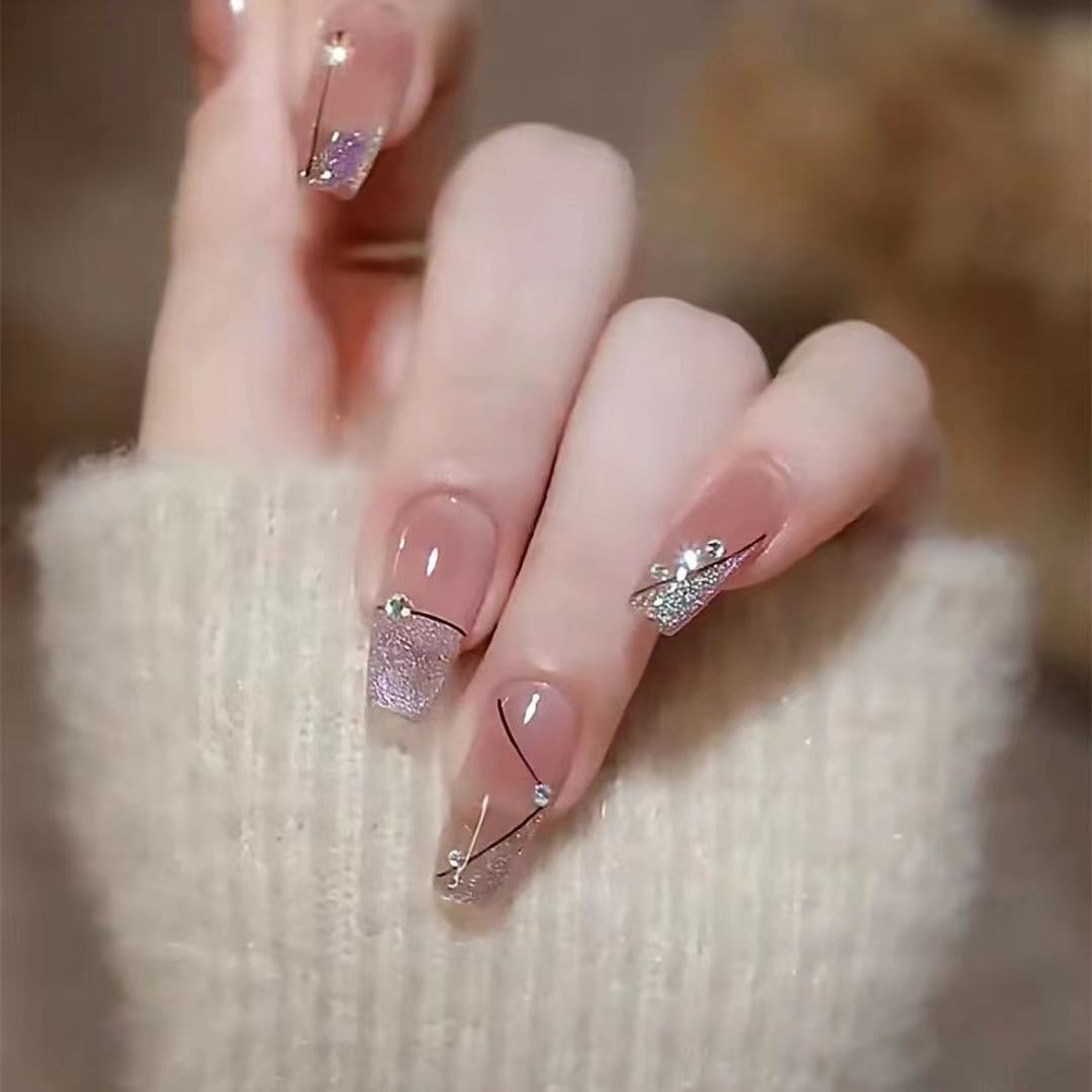 Designer: DuoDuo 1315.Handmade nails Press on Nails DIY Nail Art for woman girl French  Long Coffin pink wedding