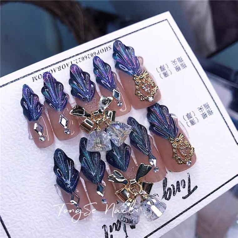 Designer: DuoDuo 1616.Handmade nails Press on Nails DIY Nail Art for woman girl blue rhinestone