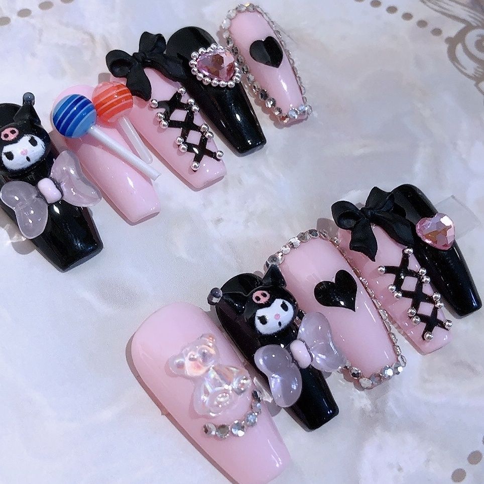 Designer: PinPin 1014.Handmade nails Press on Nails DIY Nail Art for woman girl Long Coffin pink black Cartoon