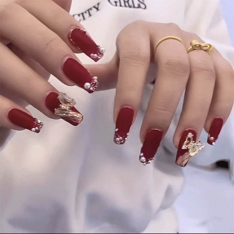 Designer: DuoDuo 1317.Handmade nails Press on Nails DIY Nail Art for woman girl Long Coffin red