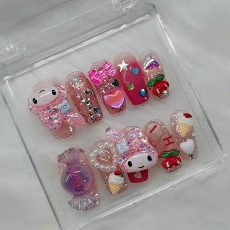Designer: PinPin 1256.Handmade nails Press on Nails DIY Nail Art for woman girl child Coffin Cartoon red pink