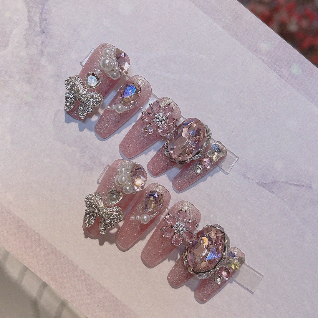 Designer: PinPin 1016.Handmade nails Press on Nails DIY Nail Art for woman girl Long Coffin pink
