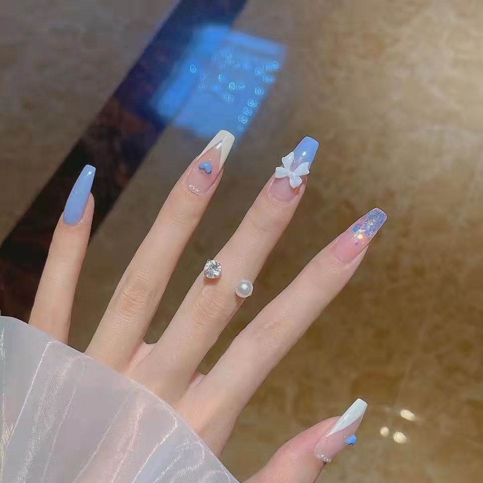 Designer: DuoDuo 1234.Handmade nails Press on Nails DIY Nail Art for woman girl French Long Coffin pink blue