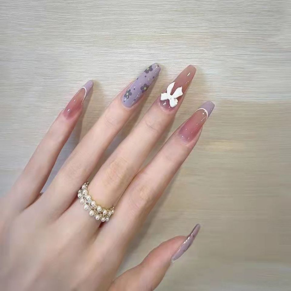 Designer: DuoDuo 1250-1254.Handmade nails Press on Nails DIY Nail Art for woman girl Long Coffin pink