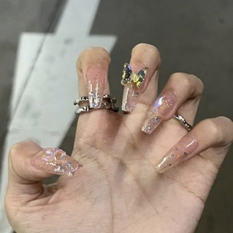 Designer: DuoDuo 2045.Handmade nails Press on Nails DIY Nail Art for woman girl Long Coffin pink