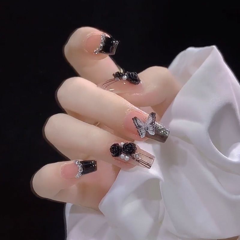 Designer: DuoDuo 1248.Handmade nails Press on Nails DIY Nail Art for woman girl French Long Coffin rhinestone black