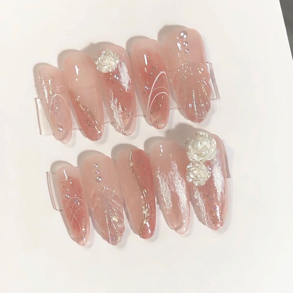Designer: PinPin 1226.Handmade nails Press on Nails DIY Nail Art for woman girl  Almond Long pink